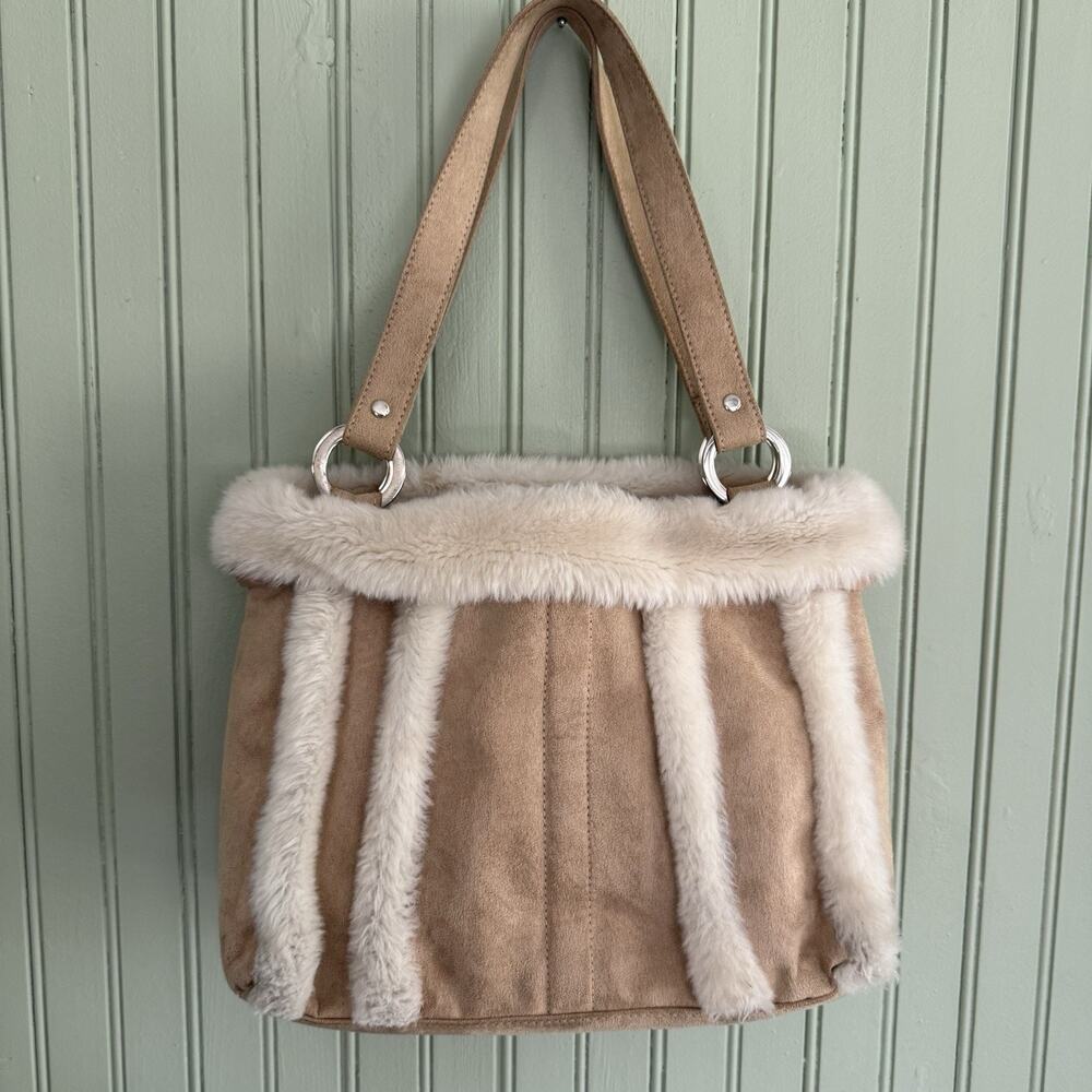 Y2K Shoulder Bag Faux Suede Fur Trim Fairy Fuzzy Boho Festival 2000s Tan Cream